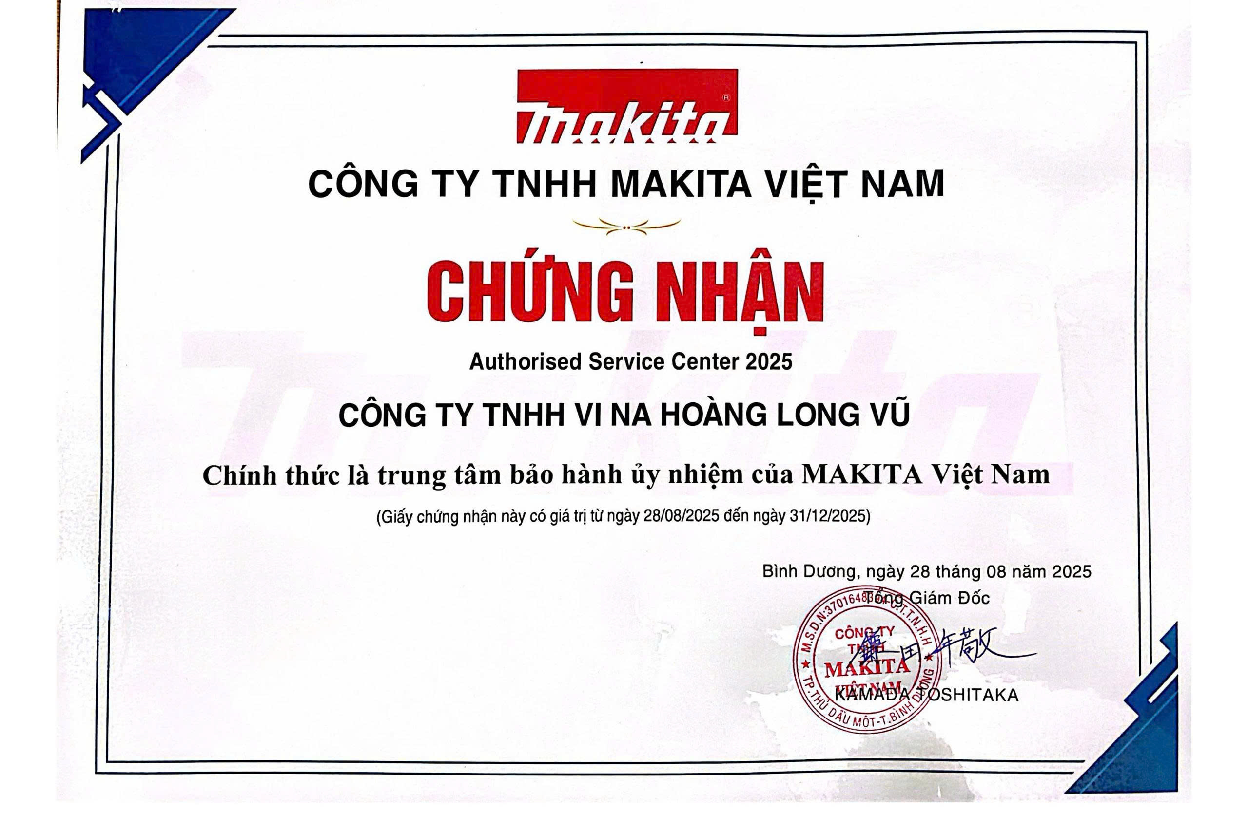Giấy chứng nhận trung tâm bảo hành ủy nhiệm Makita Việt Nam tại Hoàng Long Vũ