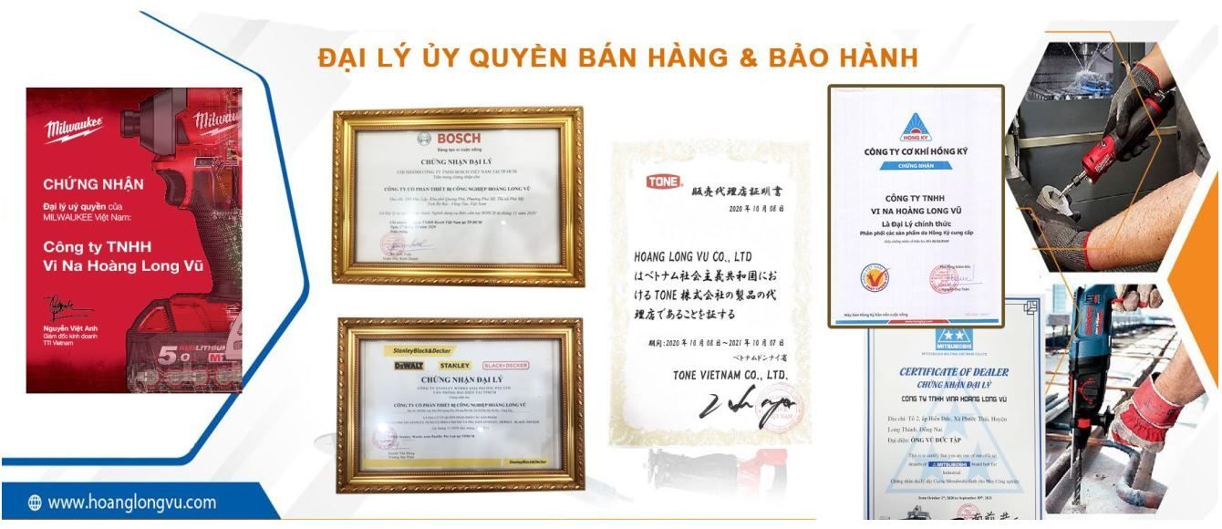 giấy chứng nhận hoàng long vũ đại lý uỷ quyền bosch, milwaukee, hồng ký, tone, mitsuboshi