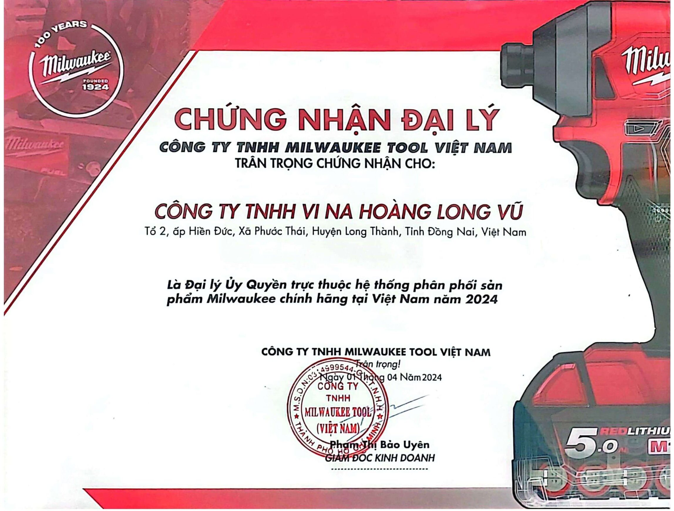 Chứng nhận đại lý phân phối Milwaukee Hoàng Long Vũ