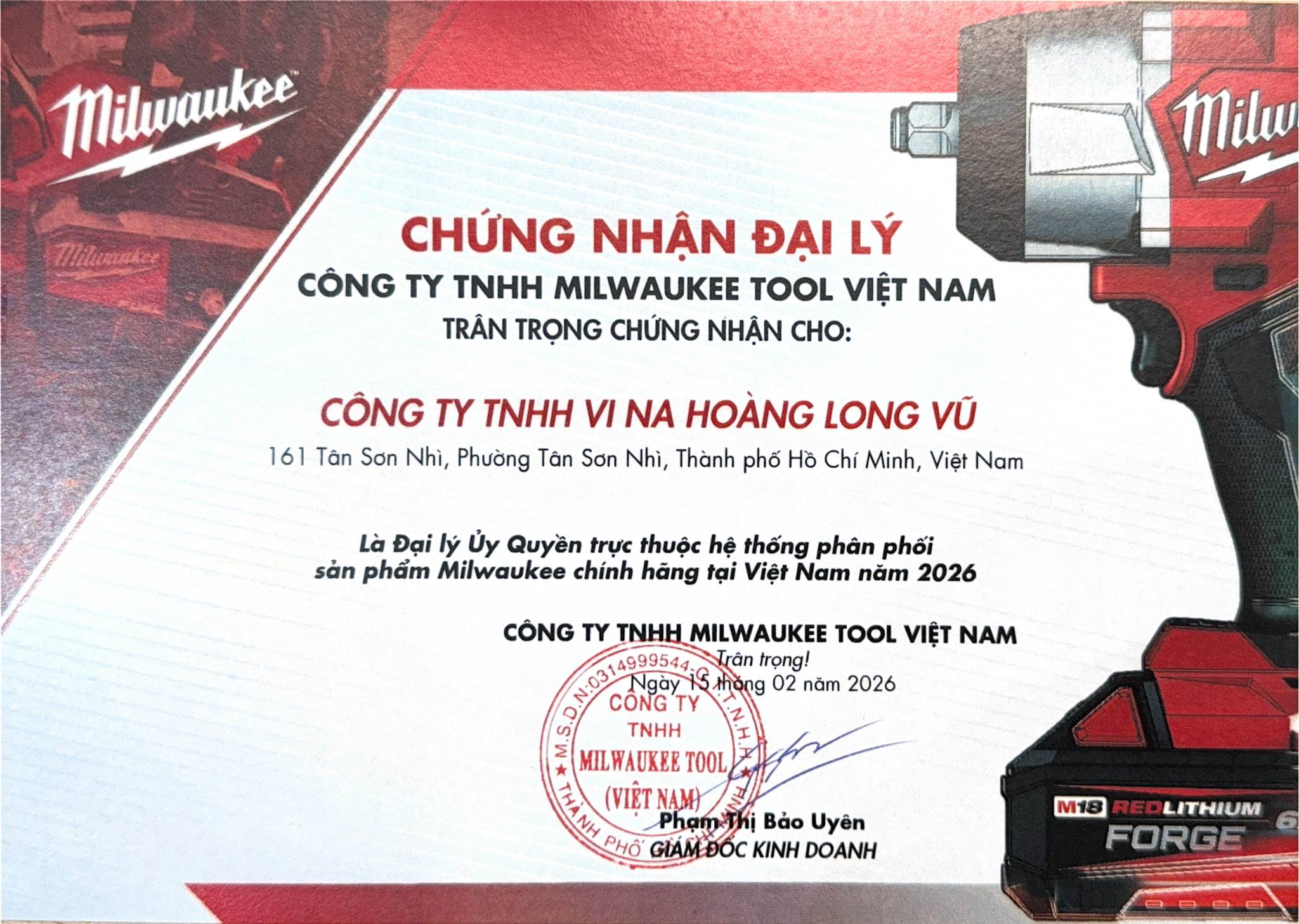Chứng nhận Hoàng Long Vũ là đại lý Milwaukee chính hãng