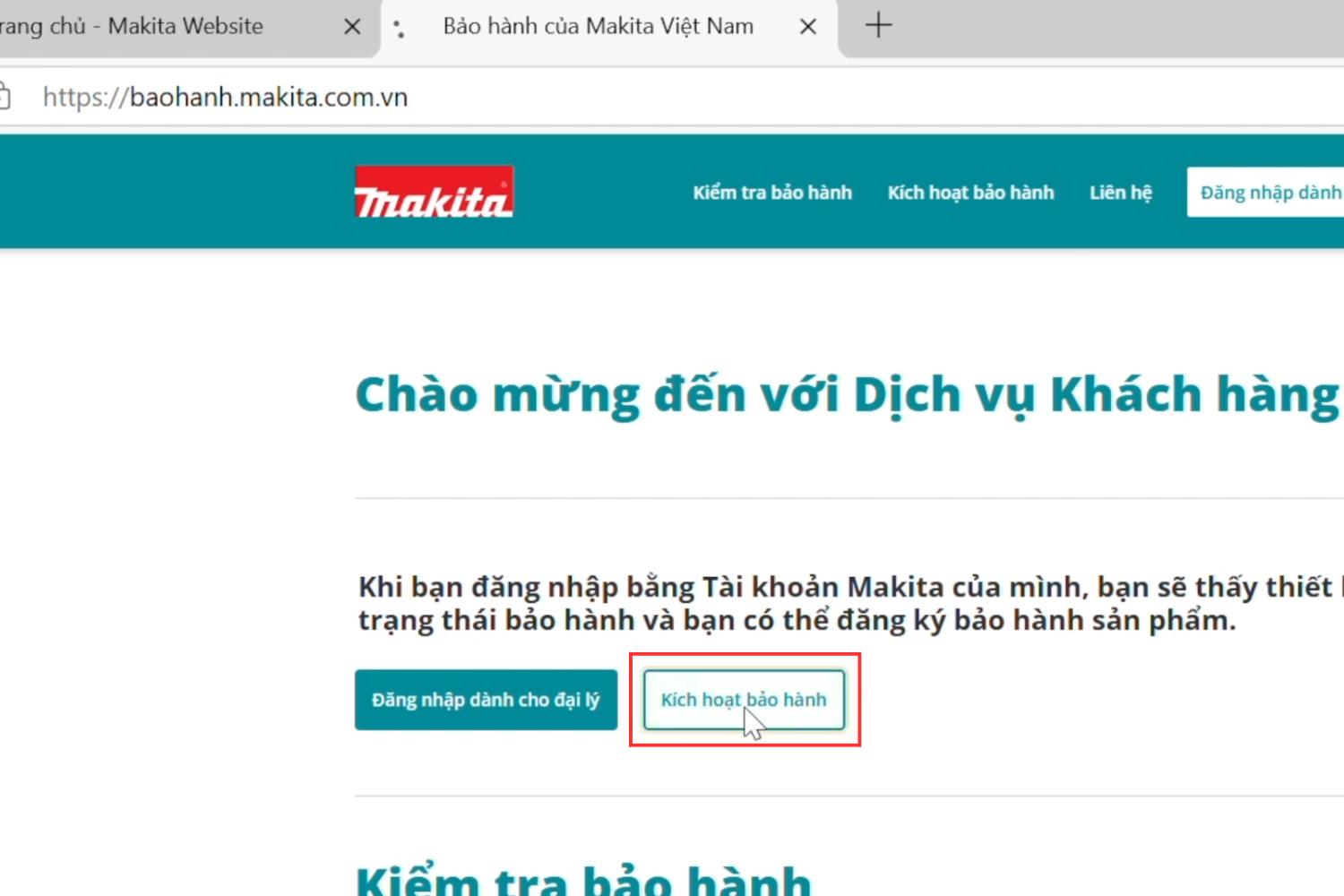 Chọn mục bảo hành và kích hoạt bảo hành trên web Makita