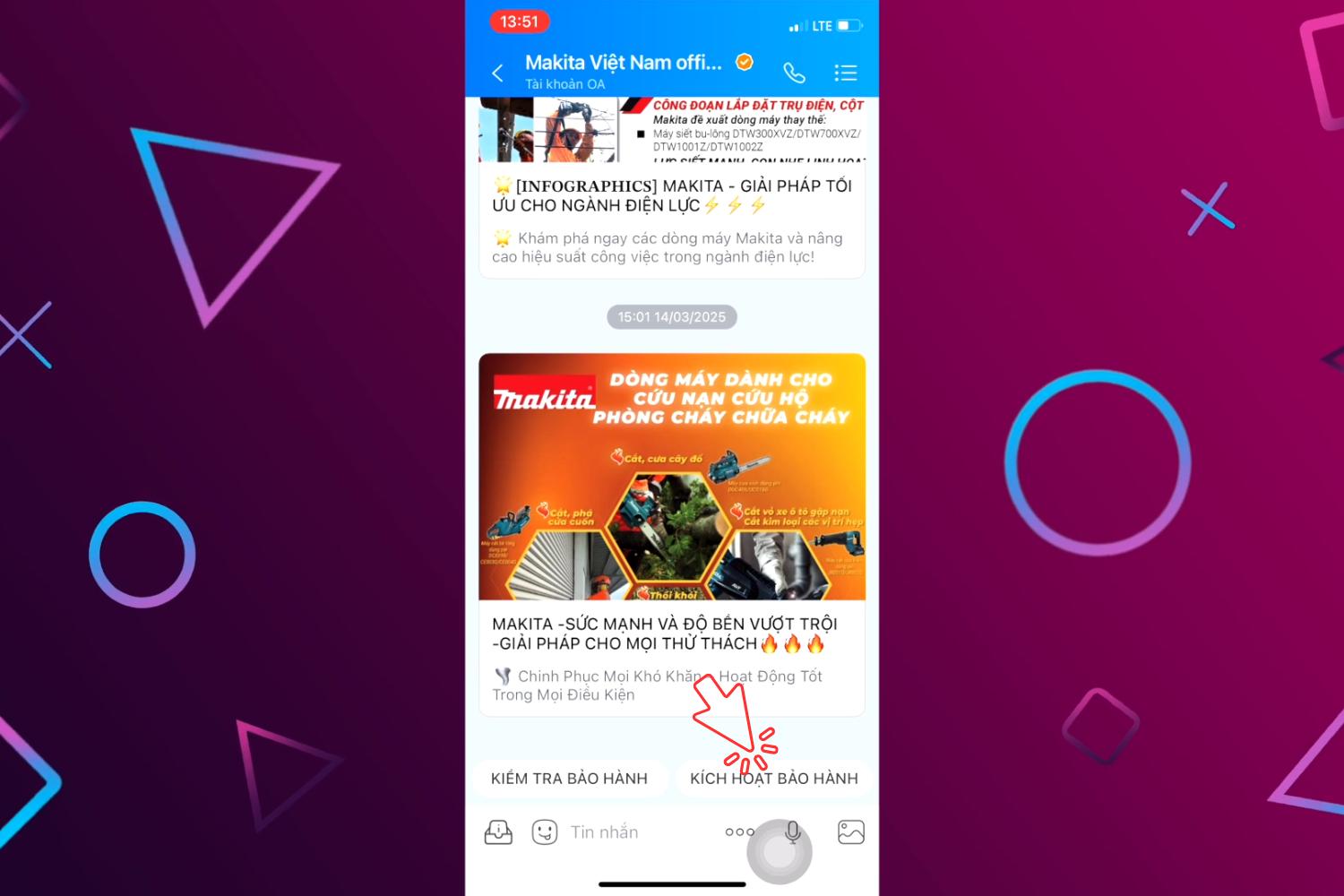 Click chọn nút kích hoạt bảo hành trên khung chat Oa Zalo của Makita
