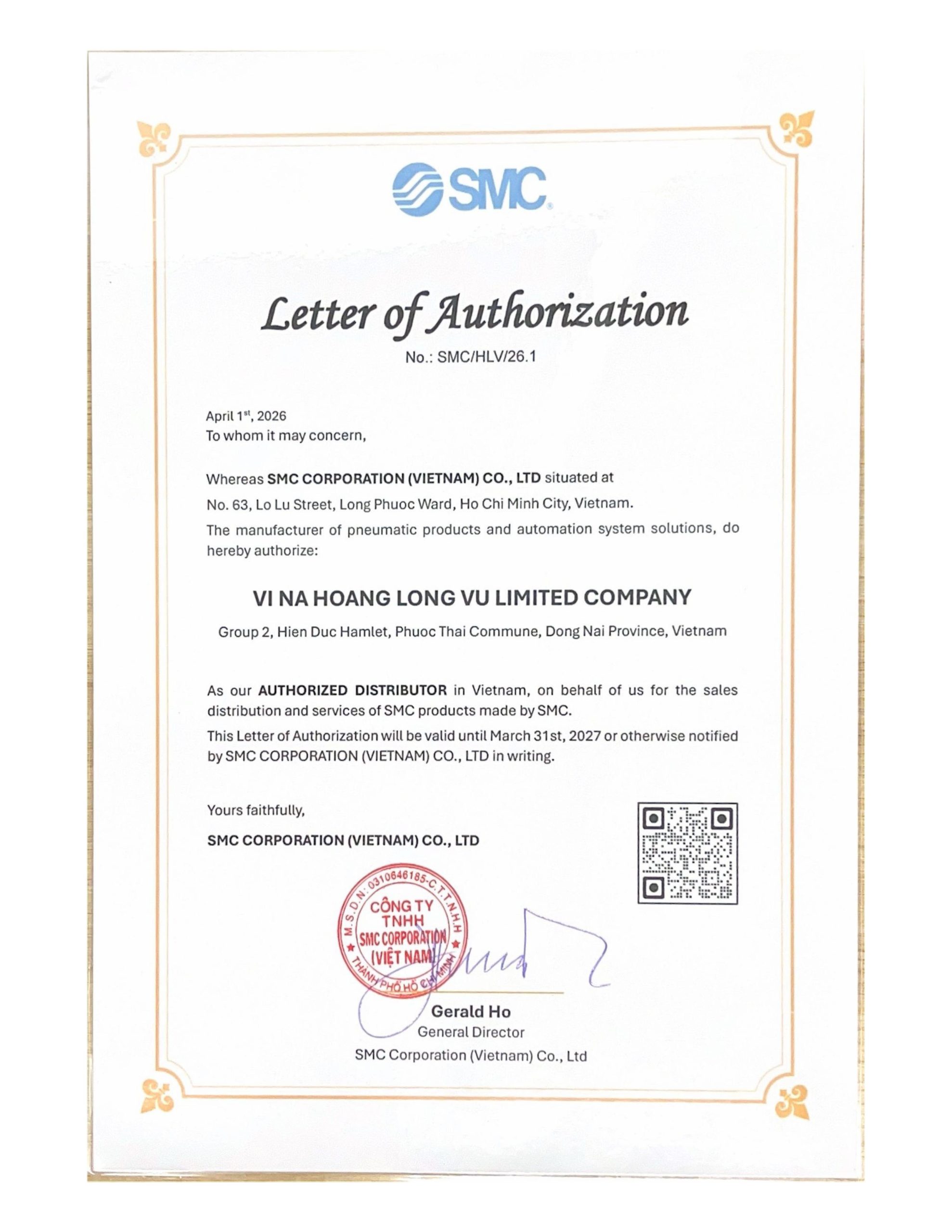 Giấy chứng nhận Hoàng Long Vũ nhà phân phối SMC