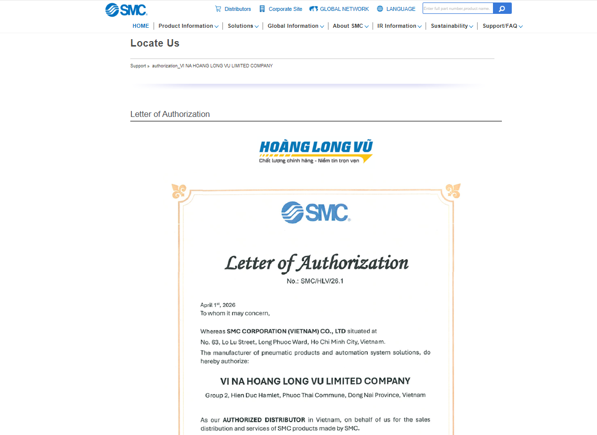 Hoàng Long Vũ được chứng nhận nhà phân phối trên website chính thức SMC