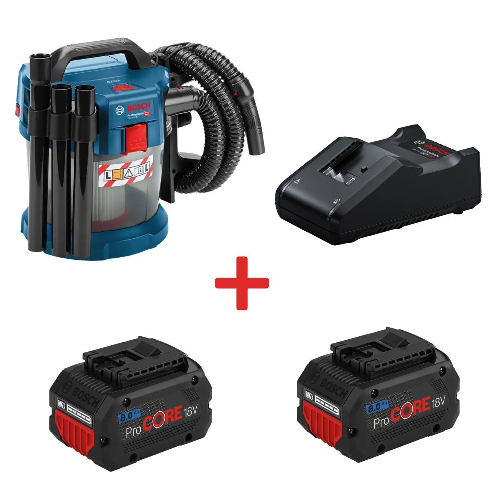 Combo máy hút bụi dùng pin GAS 18V-10L + 2 Pin 18V 8.0Ah PROCORE + 1 Sạc GAL 18V-40 BOSCH