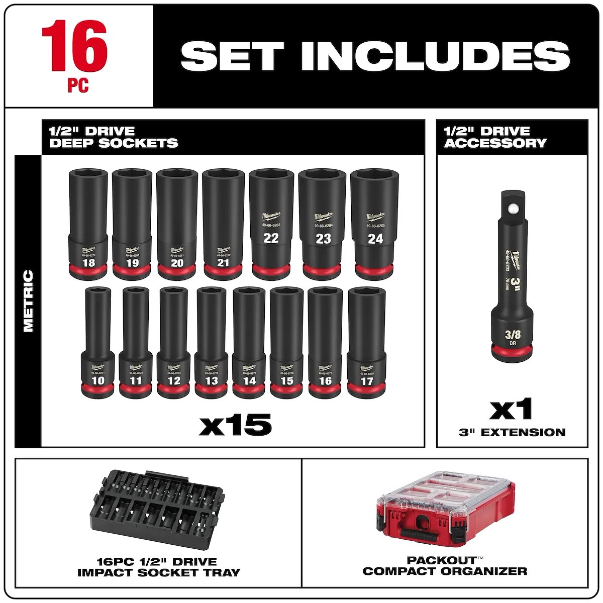 Bộ đầu khẩu dài 1/2 inch SHOCKWAVE PACKOUT 16 món 49-66-6803 Milwaukee