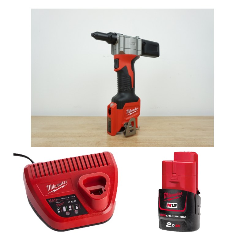Máy bắn đinh rút Milwaukee M12 BPRT-0C + Pin M12B2 + Sạc C12C