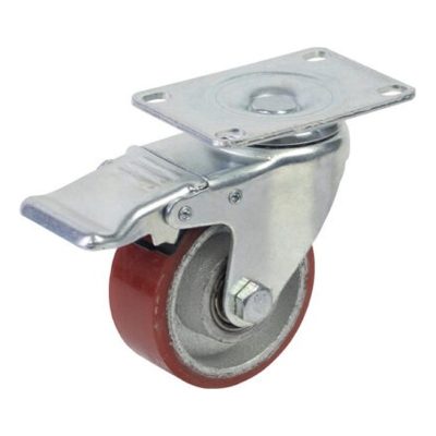Bánh xe PU lõi gang đỏ xoay khóa Ø150 x 50 CASTER (càng thép)