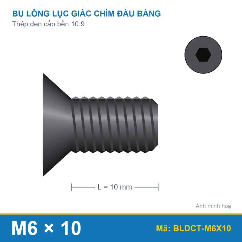 Bu lông lục giác chìm đầu col thép M6x10 (10.9/DIN7991)