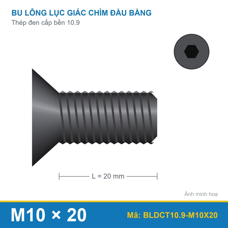 Bu lông lục giác chìm đầu col thép đen M10x20 (10.9/DIN7991)