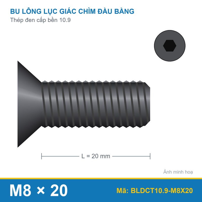 Bu lông lục giác chìm đầu col thép đen M8x20 (10.9/DIN7991)