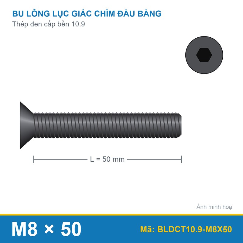 Bu lông lục giác chìm đầu col thép đen M8x50 (10.9/DIN7991)