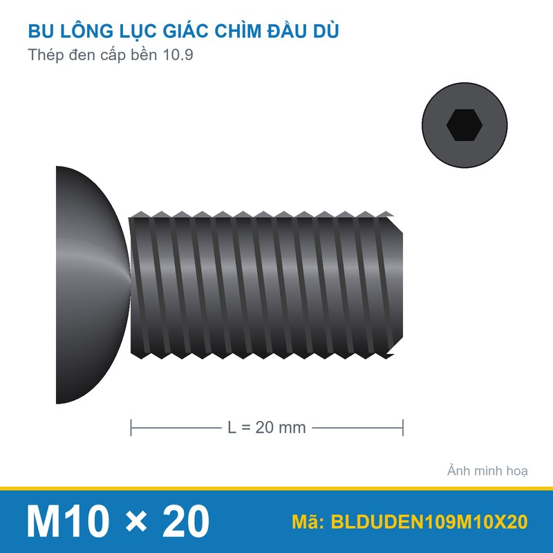 Bu lông lục giác đầu dù thép đen 10.9 M10x20