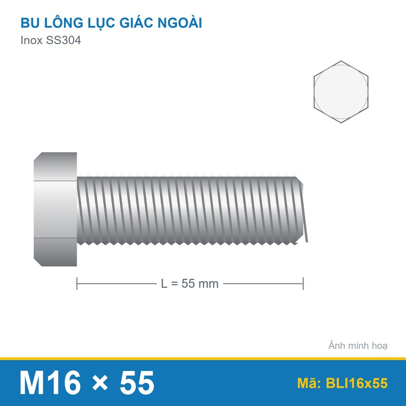 Bulong Inox 304 DIN933 M16x55
