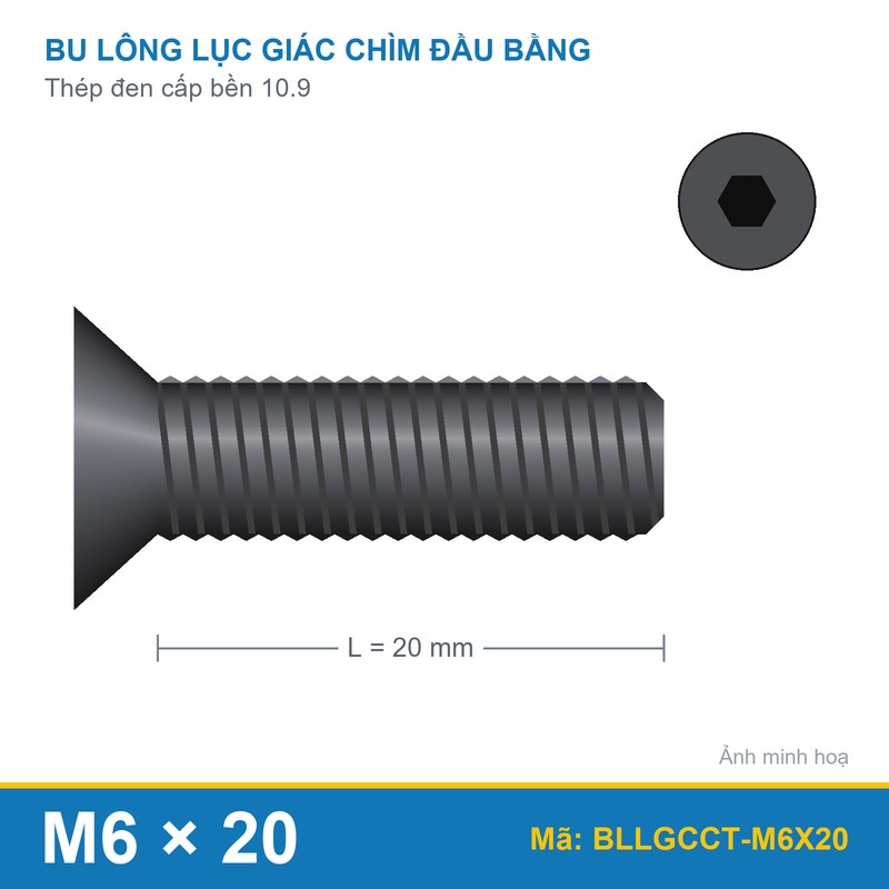 Bu lông lục giác chìm đầu col thép M6x20 (10.9/DIN7991)