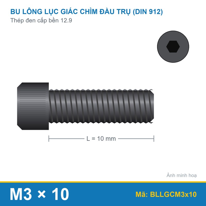Bu lông lục giác chìm đầu trụ thép đen 12.9 M3x10