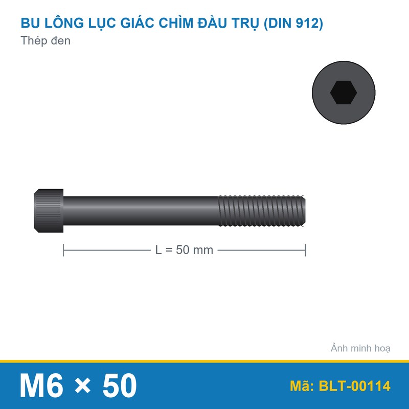 Bu lông lục giác thép 912 M6x50 ren lửng