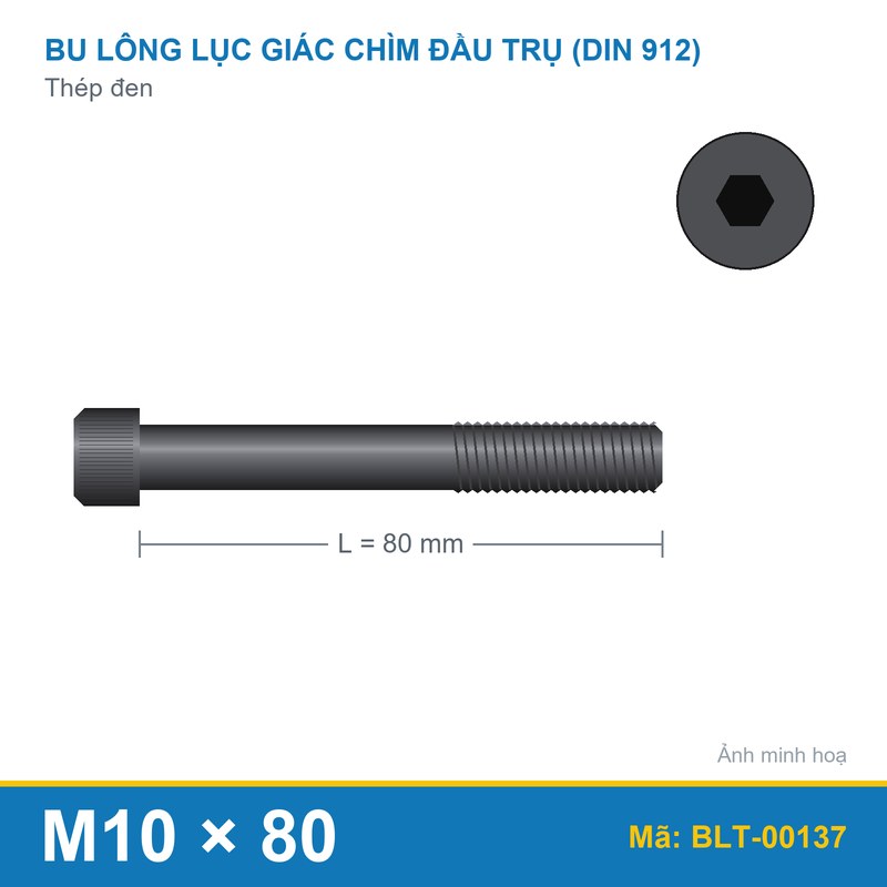 Bu lông lục giác thép 912 M10x80