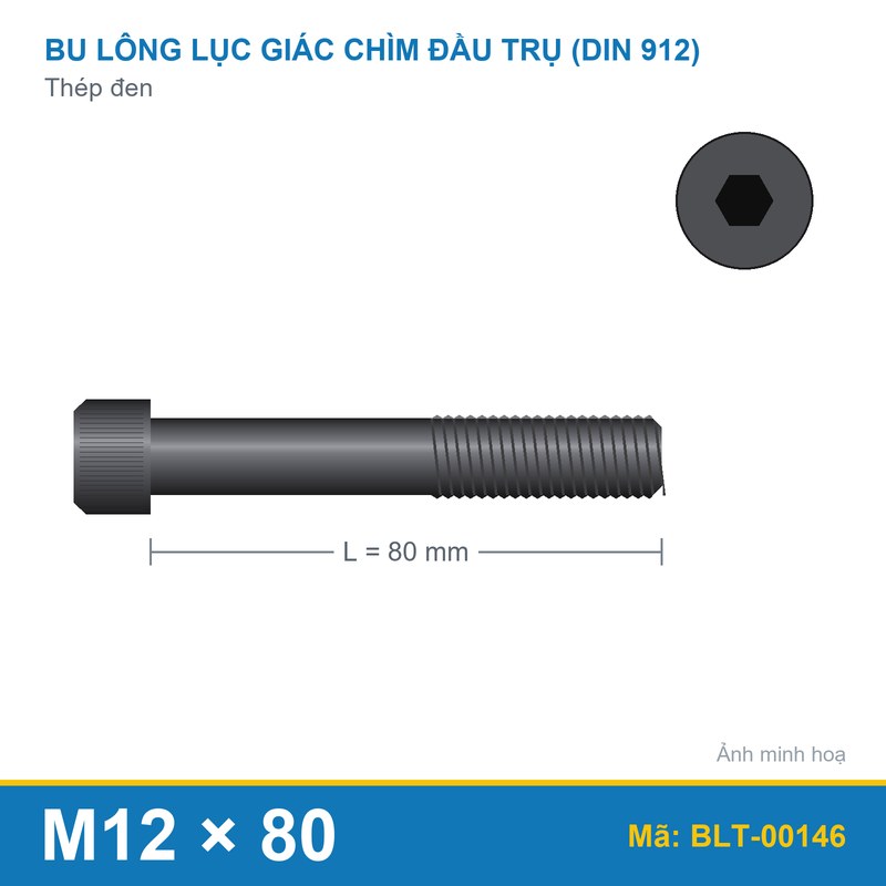 Bu lông lục giác thép 912 M12x80