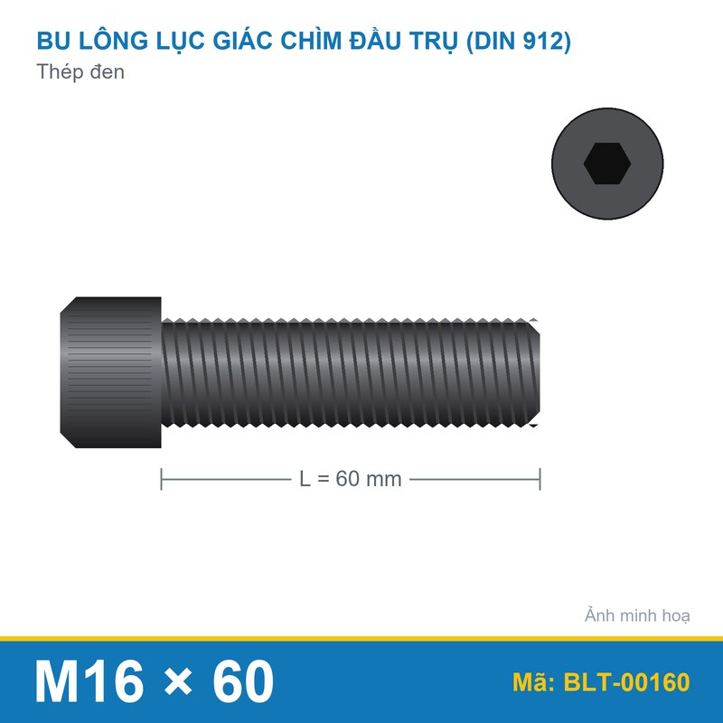 Bu lông lục giác thép 912 M16x60