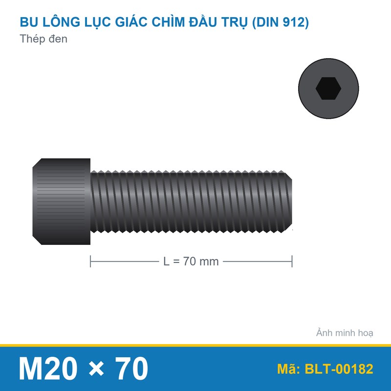 Bu lông lục giác thép 912 M20x70