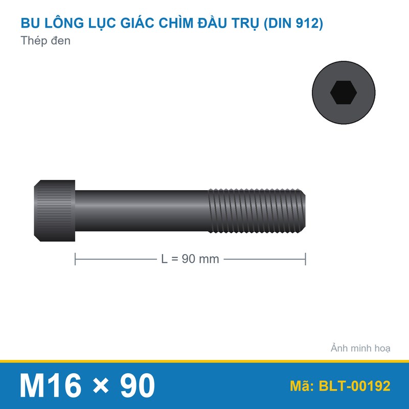 Bu lông lục giác chìm đầu trụ thép đen Din912 M16x90 ren lửng