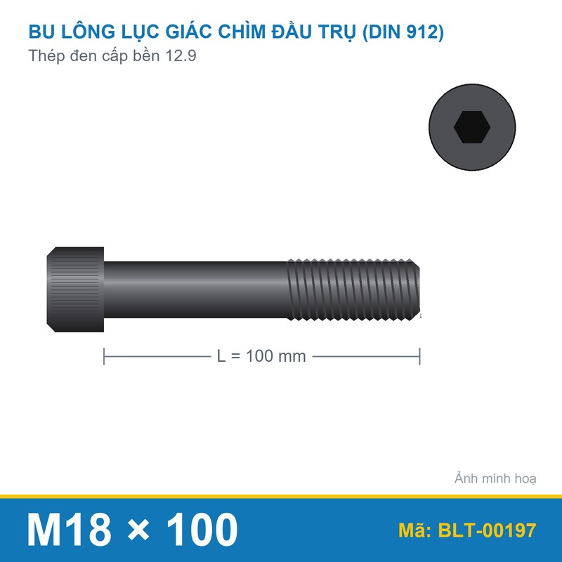 Bu lông lục giác chìm đầu trụ thép đen 12.9 Din912 M18x100 ren lửng