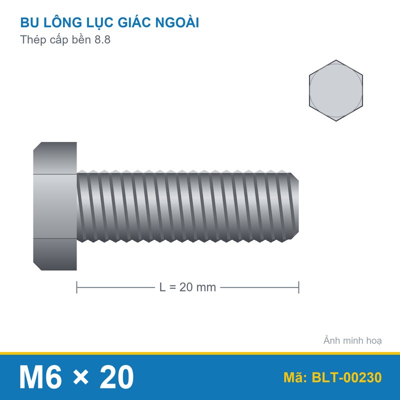 Bu lông thép 8.8 M6x20 ren suốt