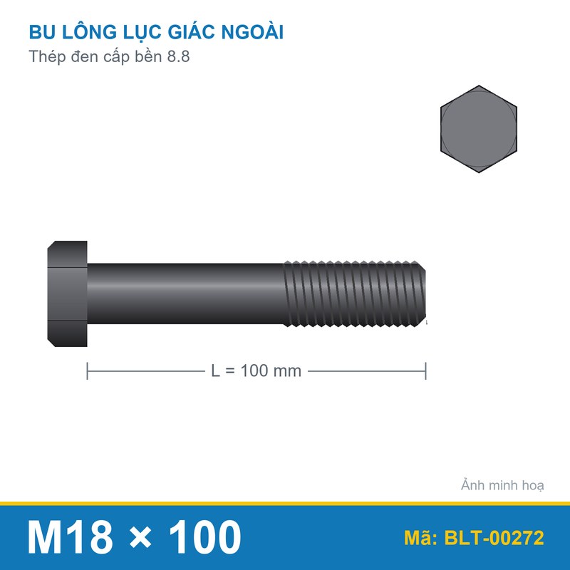 Bu lông thép đen 8.8 Din931 M18x100 ren lửng