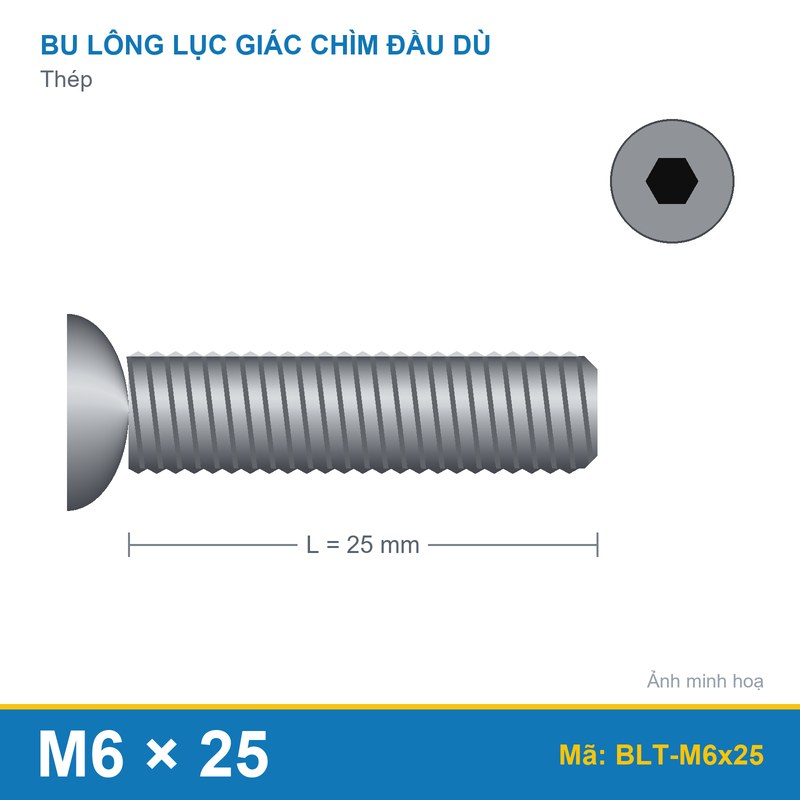 Bu lông lục giác chìm đầu dù M6x25