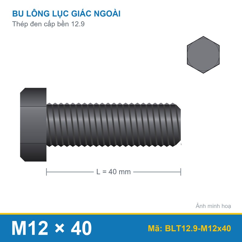 Bu lông lục giác thép đen 12.9 M12x40