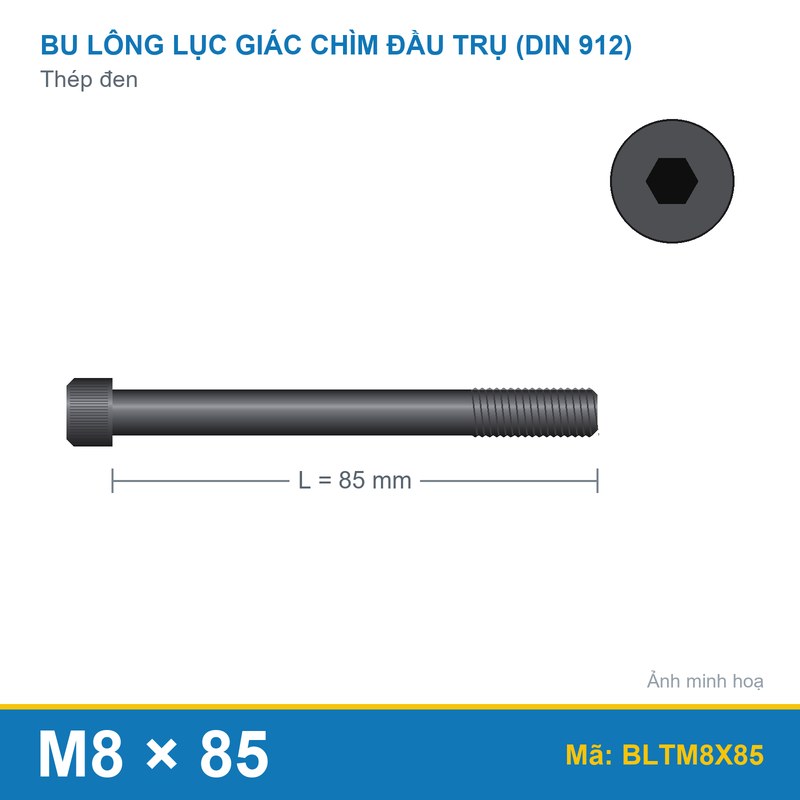 Bu lông lục giác thép 912 M8x85 (ren lửng)