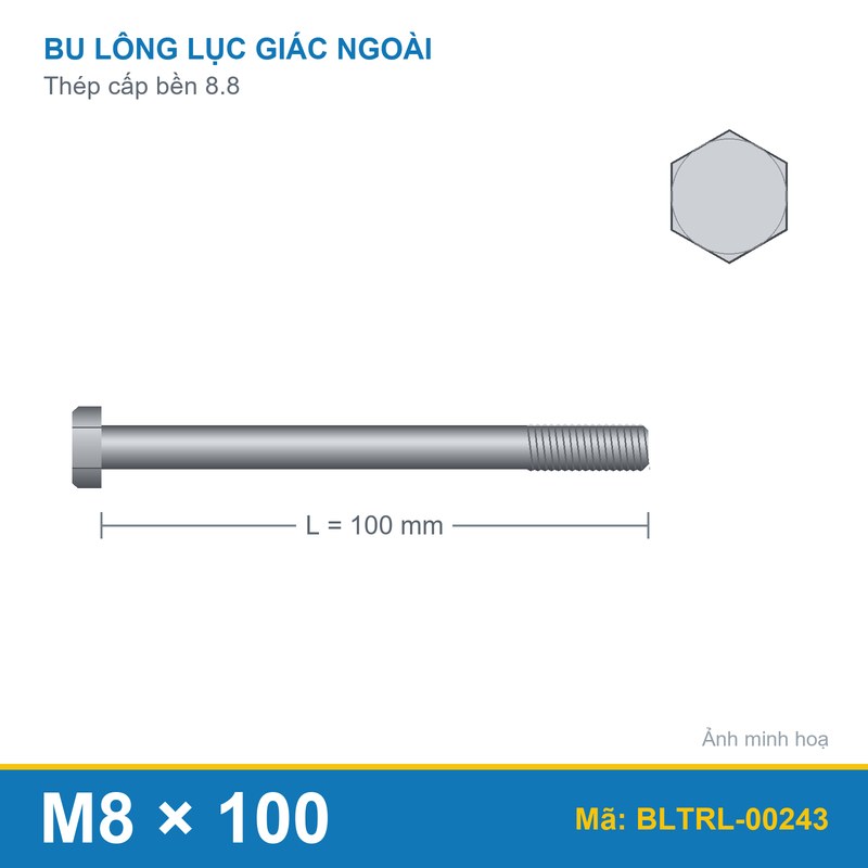 Bu lông thép 8.8 M8x100 ren lửng