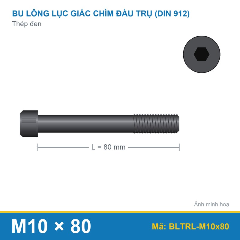 Bu lông lục giác thép 912 M10x80 ren lửng
