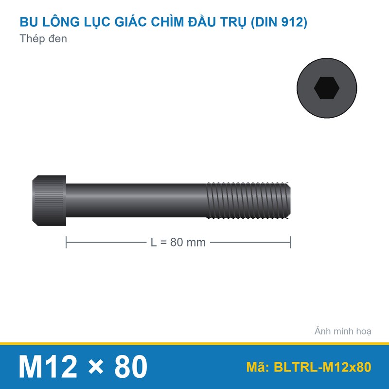 Bu lông lục giác thép 912 M12x80 ren lửng