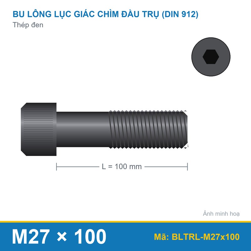 Bu lông lục giác thép 912 M27x100 ren lửng