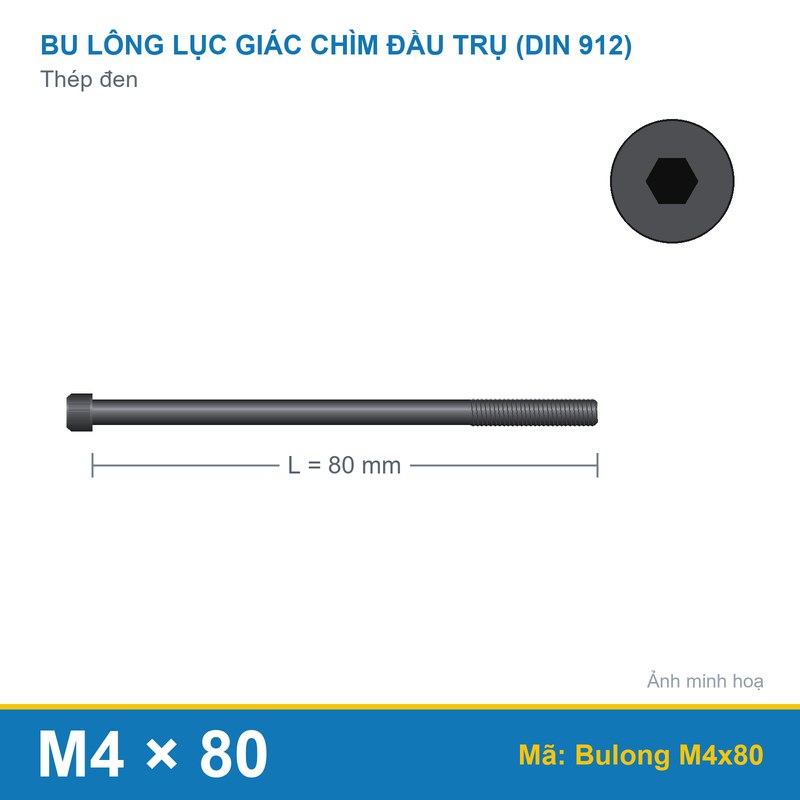 Bulong Lục Giác Chìm Đầu Trụ thép đen DIN912 M4x80 (bộ)