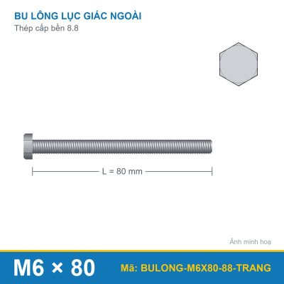 Bulong thép xi mạ trắng M6x80 8.8 ren suốt