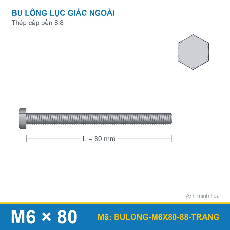 Bulong thép xi mạ trắng M6x80 8.8 ren suốt