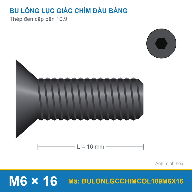 Bu lông lục giác chìm đầu col thép đen 10.9 M6x16