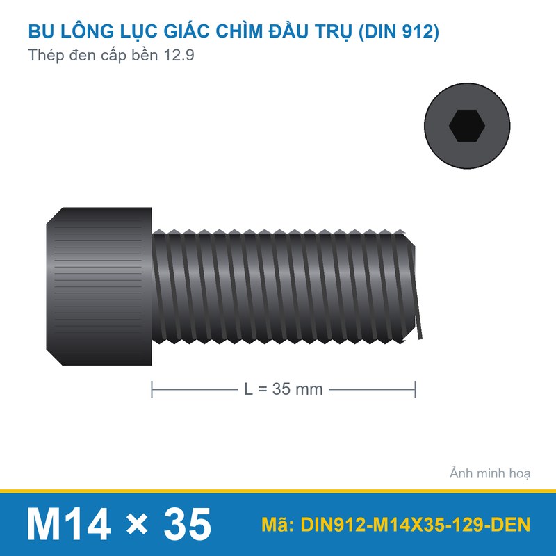 Bu lông lục giác chìm đầu trụ DIN 912 M14x35 thép đen 12.9