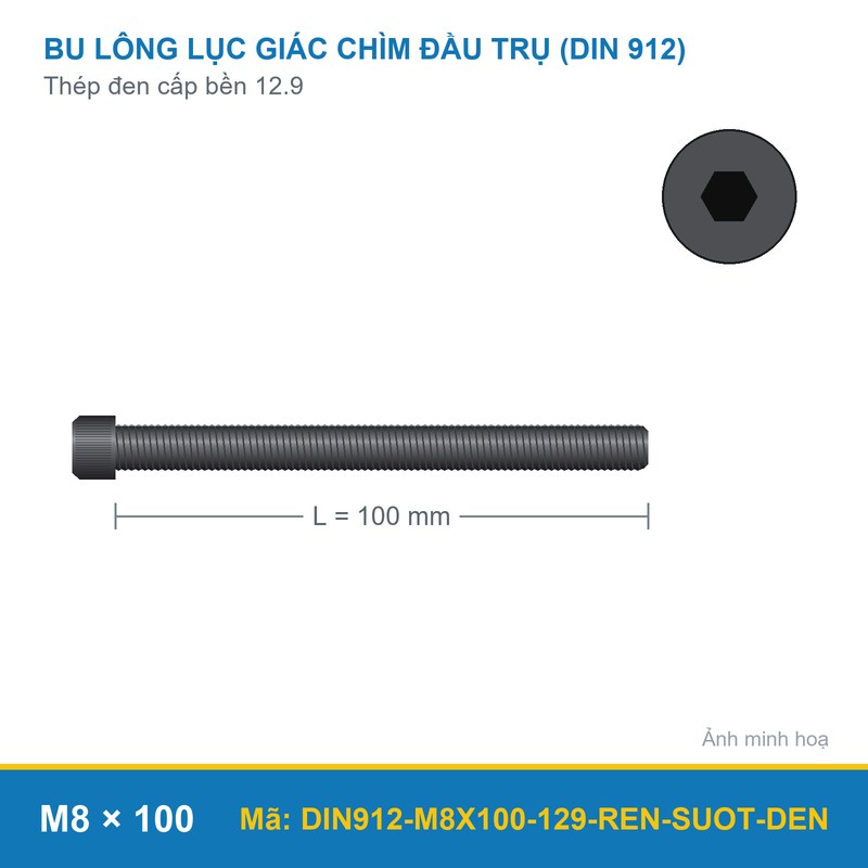 Bu lông lục giác chìm đầu trụ DIN912 M8x100 ren suốt thép đen cấp bền 12.9