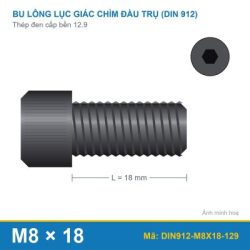 Bu lông lục giác chìm đầu trụ thép đen DIN912 M8x18 cấp bền 12.9