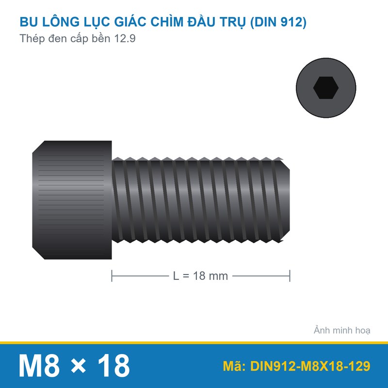 Bu lông lục giác chìm đầu trụ thép đen DIN912 M8x18 cấp bền 12.9