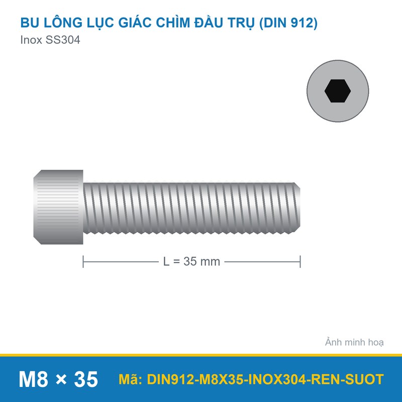 Bu lông lục giác chìm đầu trụ inox 304 DIN912 M8x35 ren suốt