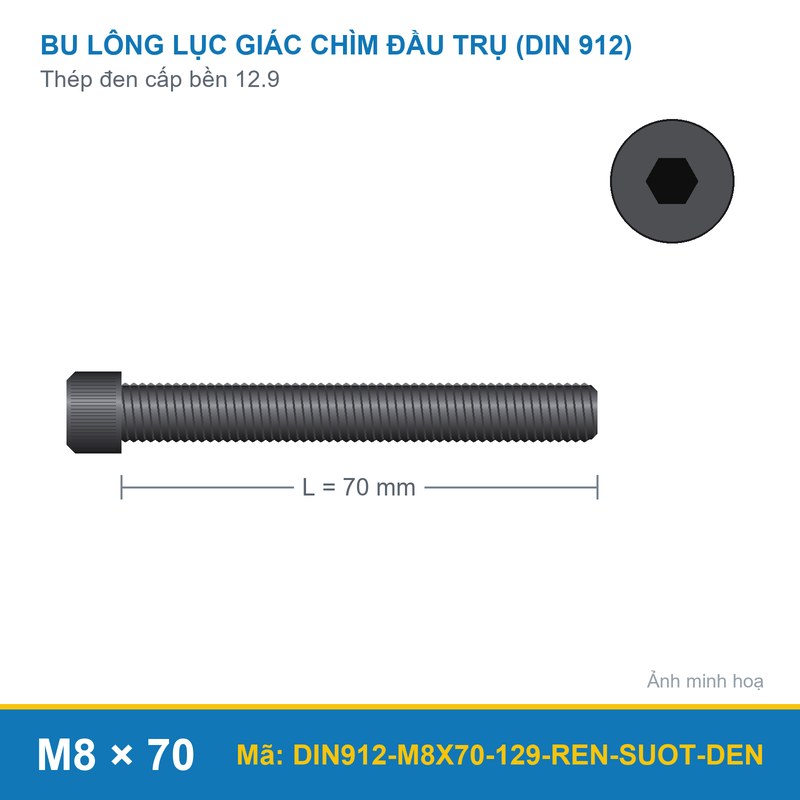 Bu lông lục giác chìm đầu trụ DIN912 M8x70 ren suốt thép đen cấp bền 12.9