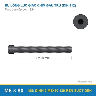 Bu lông lục giác chìm đầu trụ DIN912 M8x80 ren suốt thép đen cấp bền 12.9