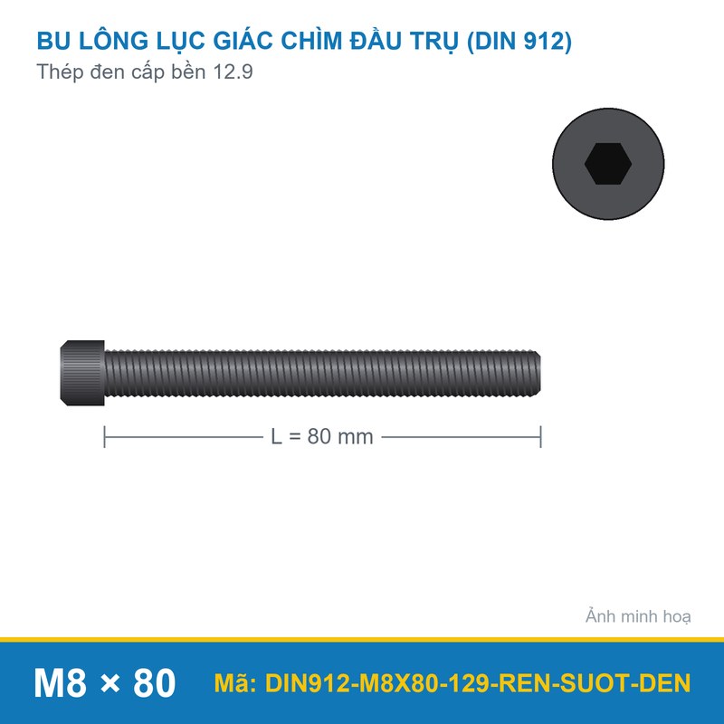 Bu lông lục giác chìm đầu trụ DIN912 M8x80 ren suốt thép đen cấp bền 12.9