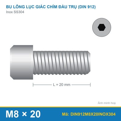 Bu lông lục giác chìm đầu trụ DIN912 M8x20 Inox 304