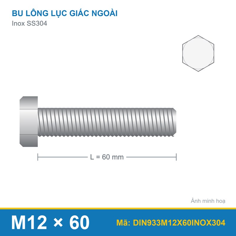 Bu lông Inox 304 M12x60